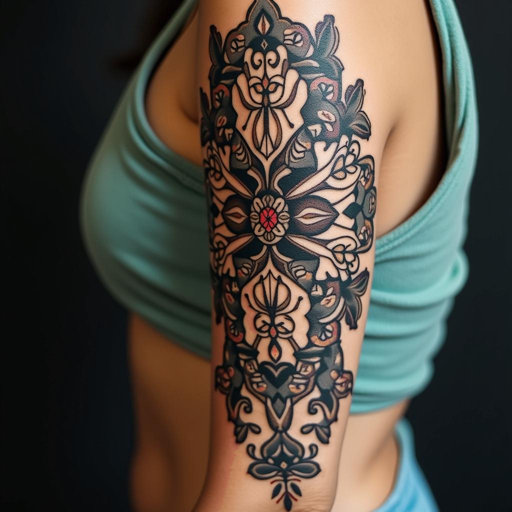 Gladysin ornamental tattoo style, featuring intricate symmetrical patterns and floral designs, showcasing highly detailed line work and geometric shapes, creating a sense of elegance and balance - Variation 4