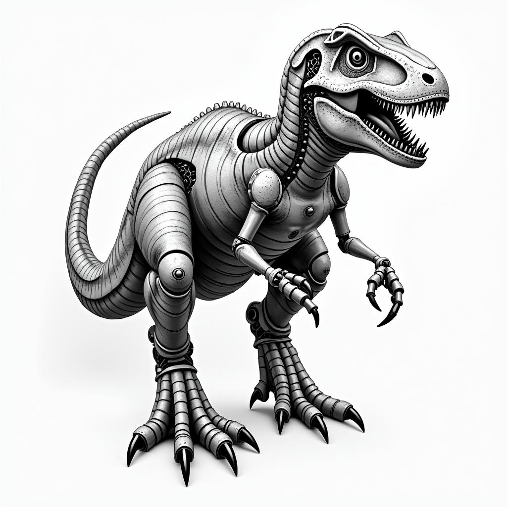 Velociraptortattoo in biomechanic style, the tattoo covered by robotic elements of futuristic cyberpunk design, robotic features detail, showcasing intricate mechanical components