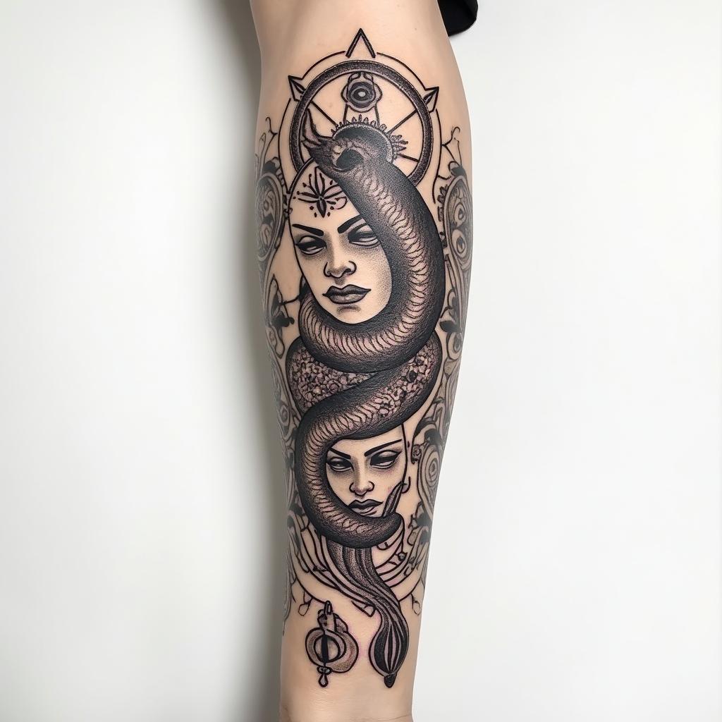 Full forearm tattoo with a mix of Virgo, Libra, and Pisces Zodiac signs. in authentic tattoo style, incorporating traditional modifications, bold black outlines, solid color fills, featuring classic authentic elements - Variation 3