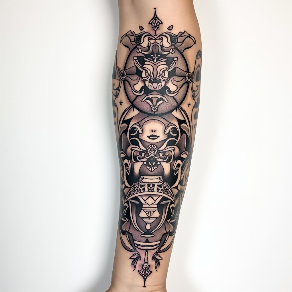 Full forearm tattoo with a mix of Virgo, Libra, and Pisces Zodiac signs. in authentic tattoo style, incorporating traditional modifications, bold black outlines, solid color fills, featuring classic authentic elements