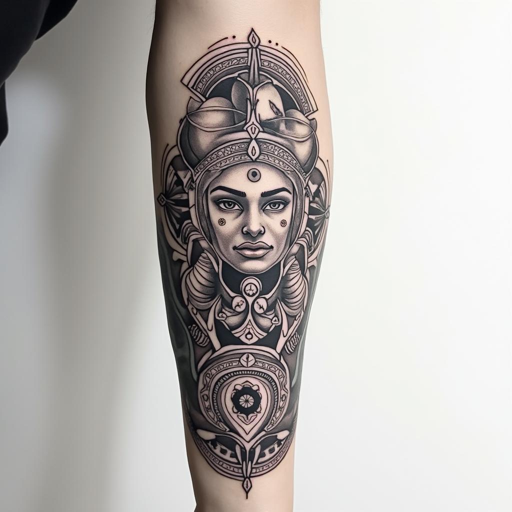 Full forearm tattoo with a mix of Virgo, Libra, and Pisces Zodiac signs. in authentic tattoo style, incorporating traditional modifications, bold black outlines, solid color fills, featuring classic authentic elements - Variation 2