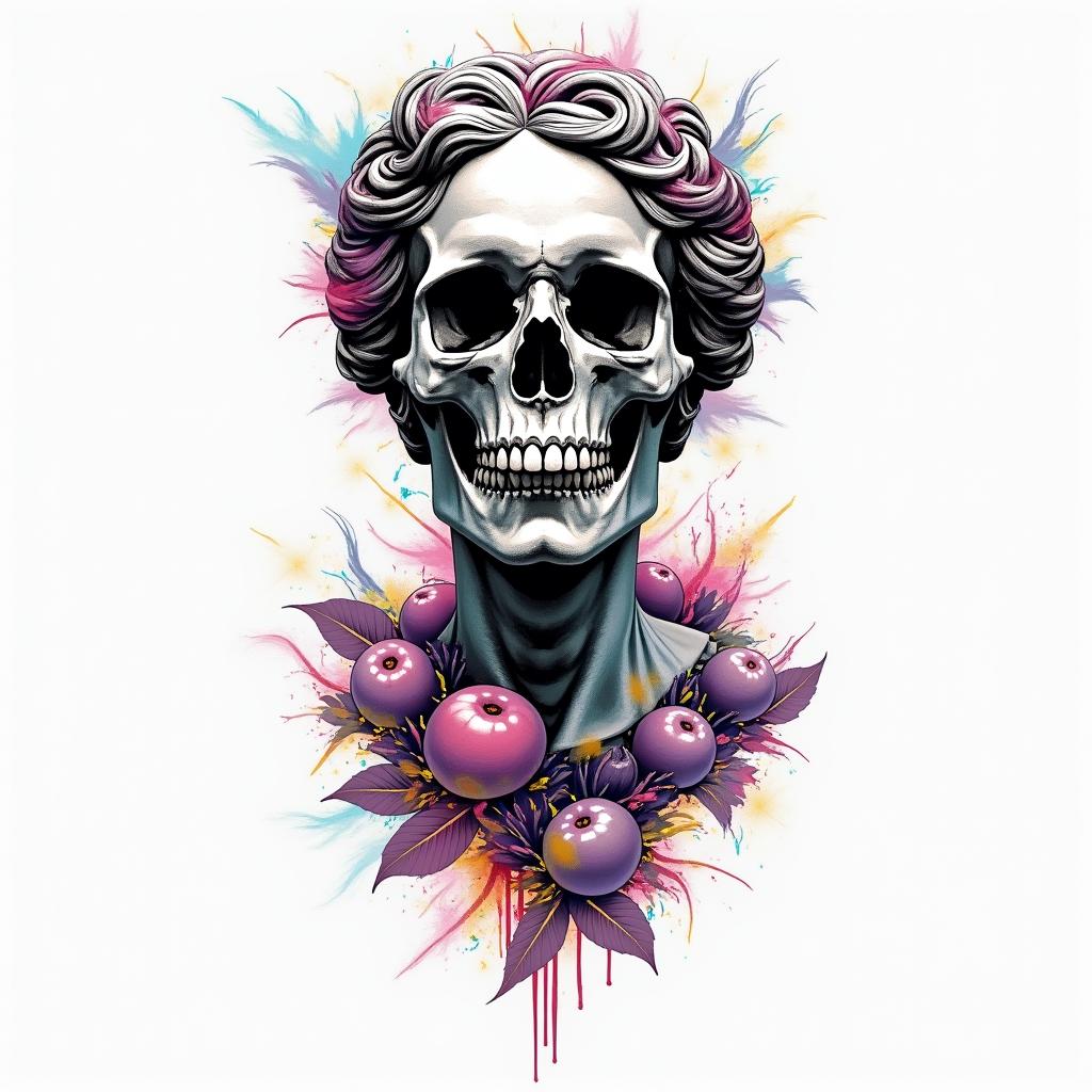 Skull, cherry, cancer star sign, water elementin distorted and fragmented tattoo design, featuring a classical statue bust, in a glitch art style with vibrant, overlapping colors of cyan, magenta, and yellow, creating a digital distortion effect - Variation 4