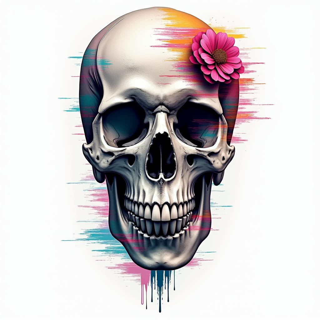 Skull, cherry, cancer star sign, water elementin distorted and fragmented tattoo design, featuring a classical statue bust, in a glitch art style with vibrant, overlapping colors of cyan, magenta, and yellow, creating a digital distortion effect - Variation 2