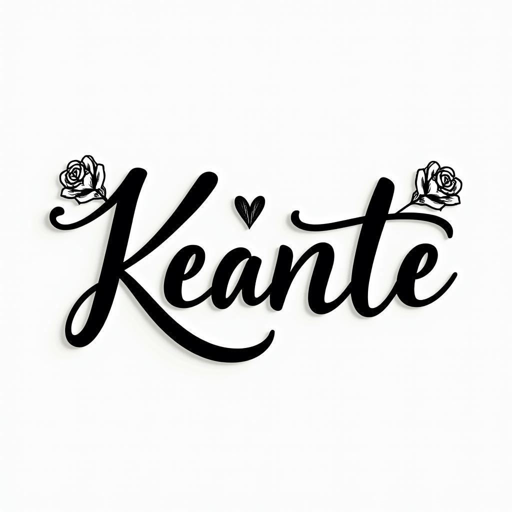 Keantein elegant cursive calligraphy style 2d tattoo, decorate with roses, featuring a smooth and flowing handwritten script with slightly thickened strokes for a luxurious and bold appearance, heart symbol between names, sleek and glossy black text with shadowing, minimalist matte white background, clean and sharp edges, illuminated with soft lighting, romantic, 8k, high-quality textures with refined typography - Variation 2