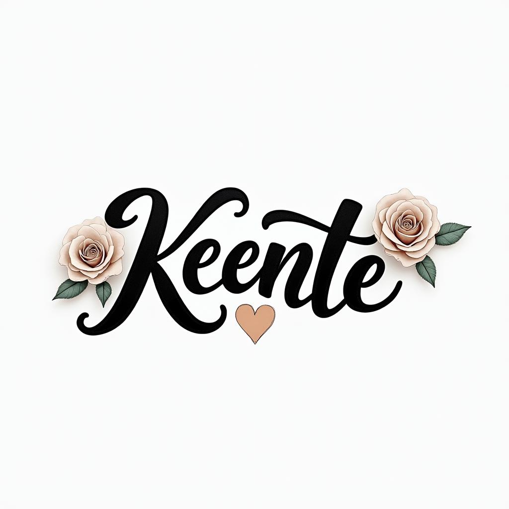 Keantein elegant cursive calligraphy style 2d tattoo, decorate with roses, featuring a smooth and flowing handwritten script with slightly thickened strokes for a luxurious and bold appearance,  heart symbol between names,  sleek and glossy black text with shadowing, minimalist matte white background, clean and sharp edges, illuminated with soft lighting, romantic, 8k, high-quality textures with refined typography
