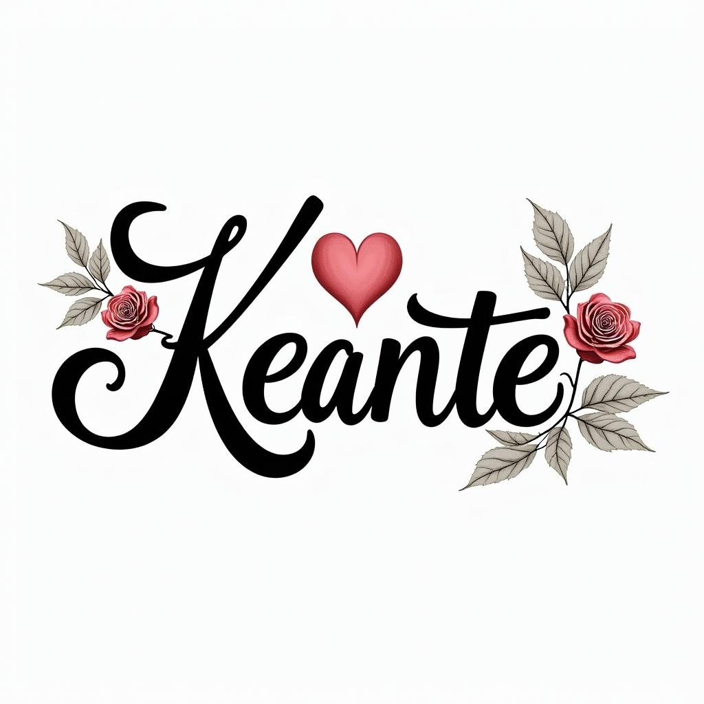 Keantein elegant cursive calligraphy style 2d tattoo, decorate with roses, featuring a smooth and flowing handwritten script with slightly thickened strokes for a luxurious and bold appearance, heart symbol between names, sleek and glossy black text with shadowing, minimalist matte white background, clean and sharp edges, illuminated with soft lighting, romantic, 8k, high-quality textures with refined typography - Variation 3