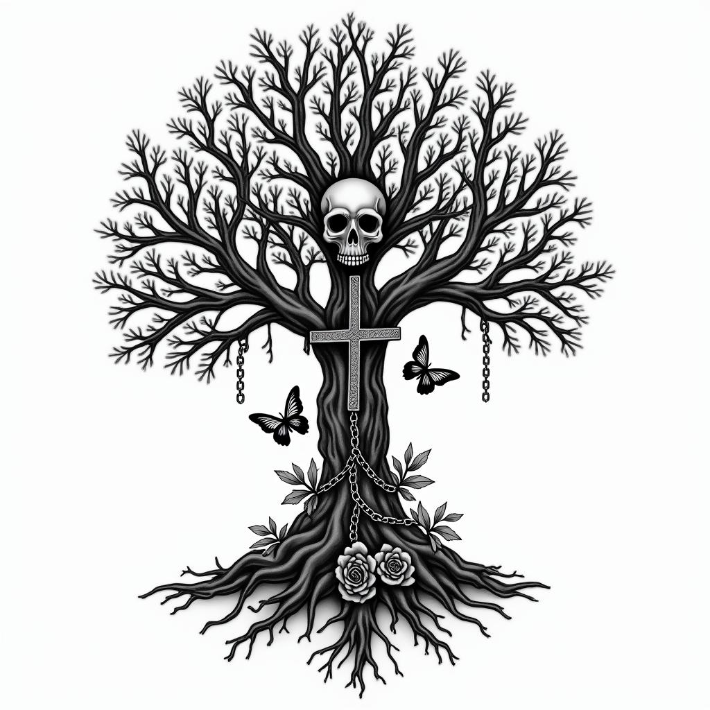Tree of life with roots and branches with bear and butterflyin chicano style tattoo, featuring intricate black and grey shading, bold elements of traditional chicano culture symbols, add a big cross with skull, chains and roses - Variation 4