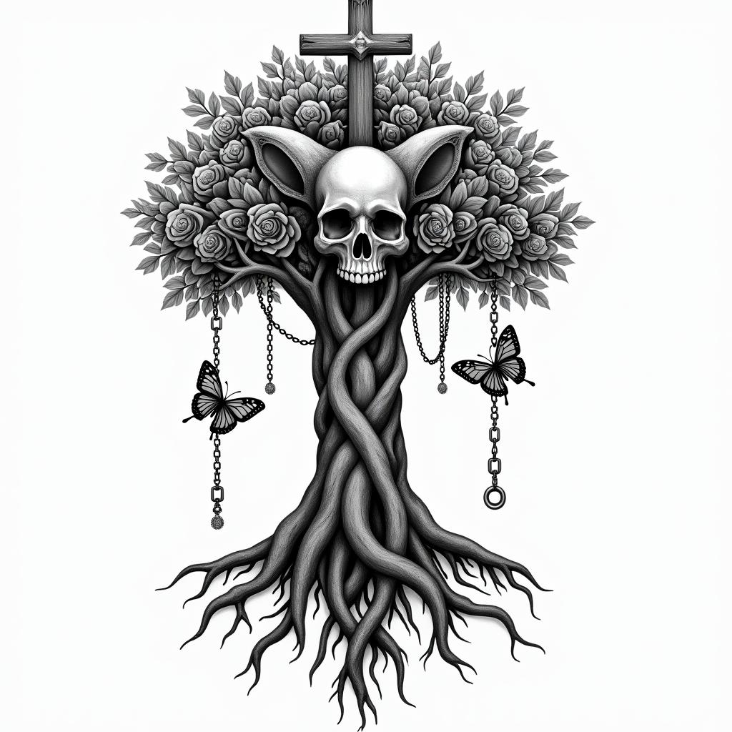 Tree of life with roots and branches with bear and butterflyin chicano style tattoo, featuring intricate black and grey shading, bold elements of traditional chicano culture symbols, add a big cross with skull, chains and roses - Variation 3
