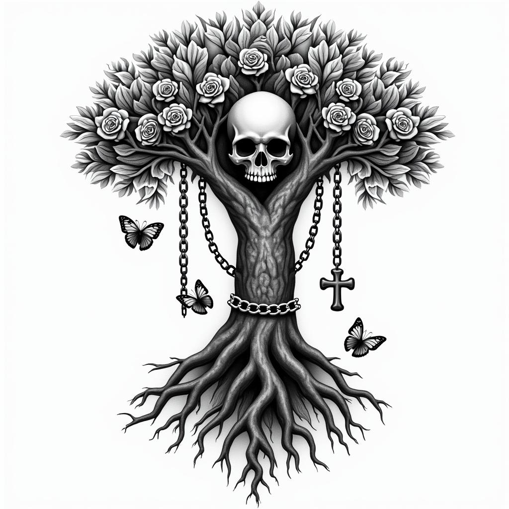 Tree of life with roots and branches with bear and butterflyin chicano style tattoo, featuring intricate black and grey shading, bold elements of traditional chicano culture symbols, add a big cross with skull, chains and roses