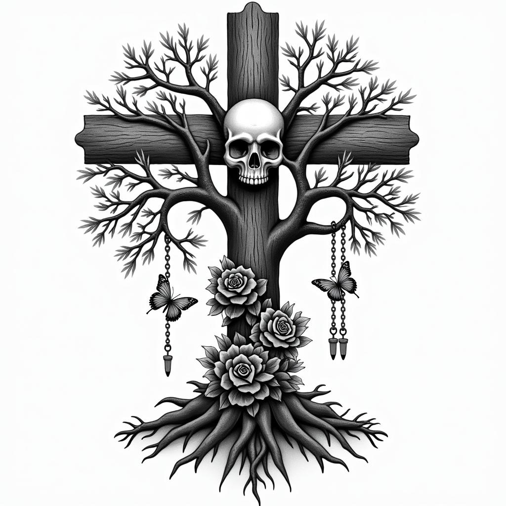 Tree of life with roots and branches with bear and butterflyin chicano style tattoo, featuring intricate black and grey shading, bold elements of traditional chicano culture symbols, add a big cross with skull, chains and roses - Variation 2