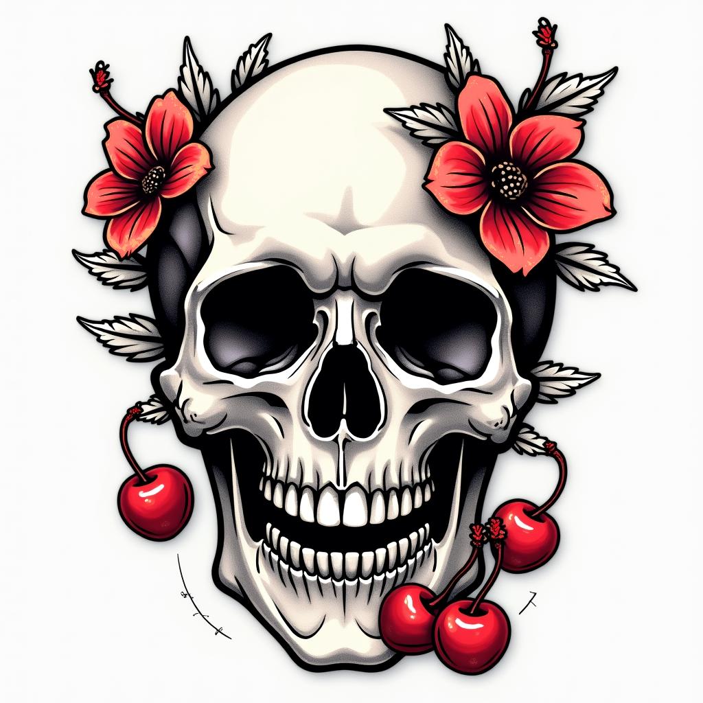 Pretty skull and cherriesin pop art style tattoo, featuring bold and vibrant colors, exaggerated outlines, iconic imagery, inspired by comic books and speech bubbles, comic book characters, retro pop culture - Variation 2