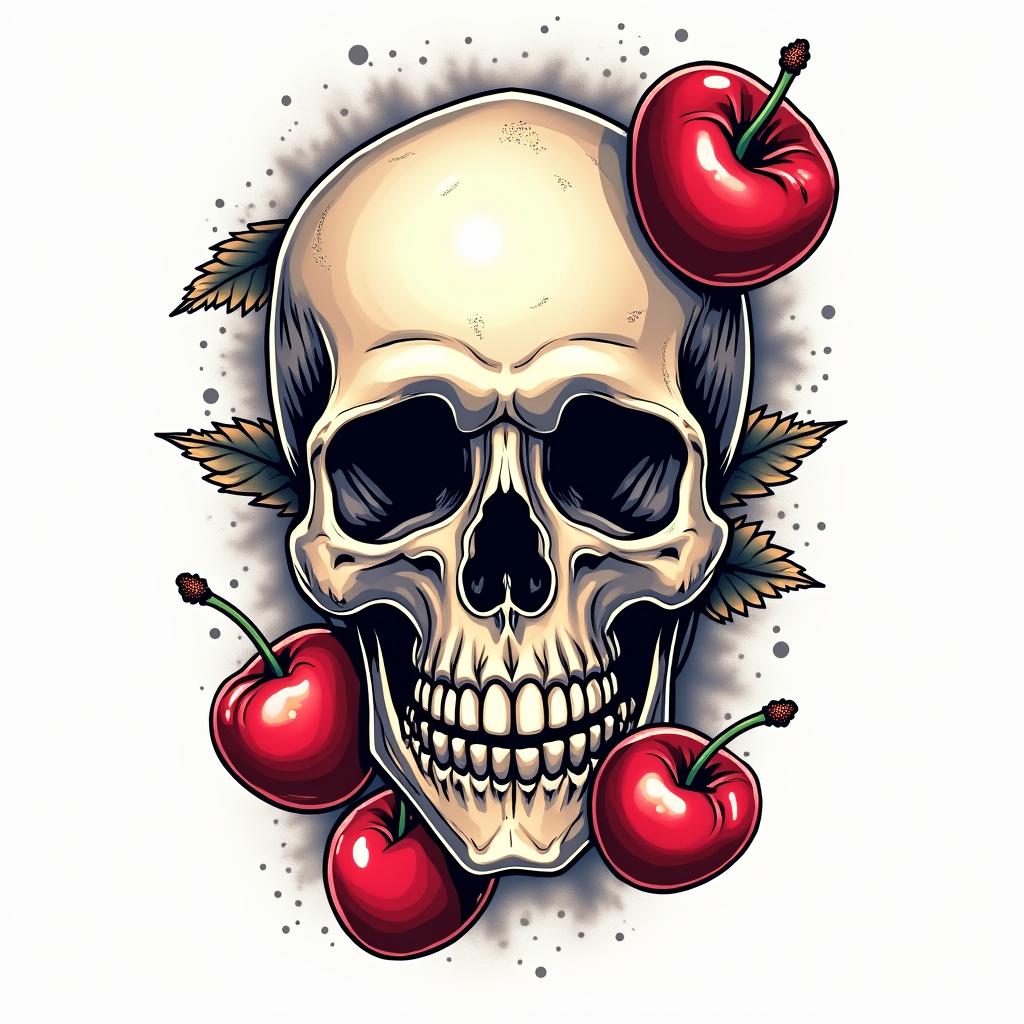 Pretty skull and cherriesin pop art style tattoo, featuring bold and vibrant colors, exaggerated outlines, iconic imagery, inspired by comic books and speech bubbles, comic book characters, retro pop culture