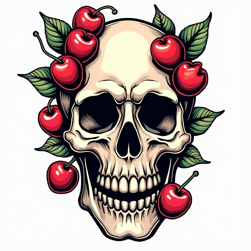 Pretty skull and cherriesin pop art style tattoo, featuring bold and vibrant colors, exaggerated outlines, iconic imagery, inspired by comic books and speech bubbles, comic book characters, retro pop culture - Variation 4