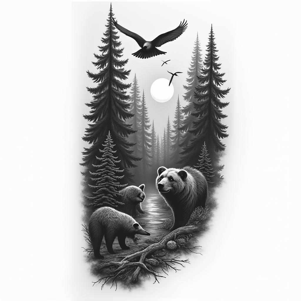 Full arm sleeve, forest theme, with birds, wolves, bears, and a sunrisein realism tattoo style, featuring a highly detailed, lifelike, capturing every detail, photorealistic, ultra realistic, intricate shading, smooth and sharp,   - Variation 3