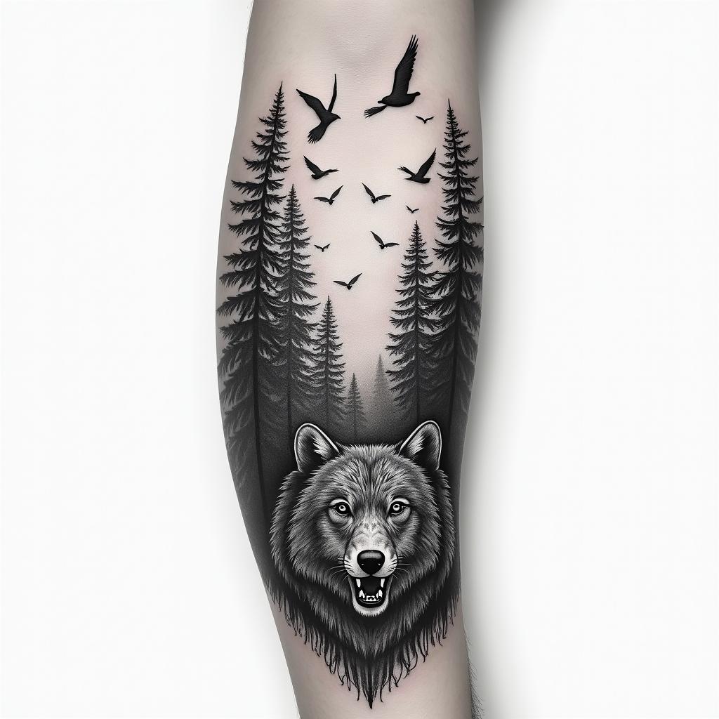 Full arm sleeve, forest theme, with birds, wolves, bears, and a sunrisein realism tattoo style, featuring a highly detailed, lifelike, capturing every detail, photorealistic, ultra realistic, intricate shading, smooth and sharp,   - Variation 2