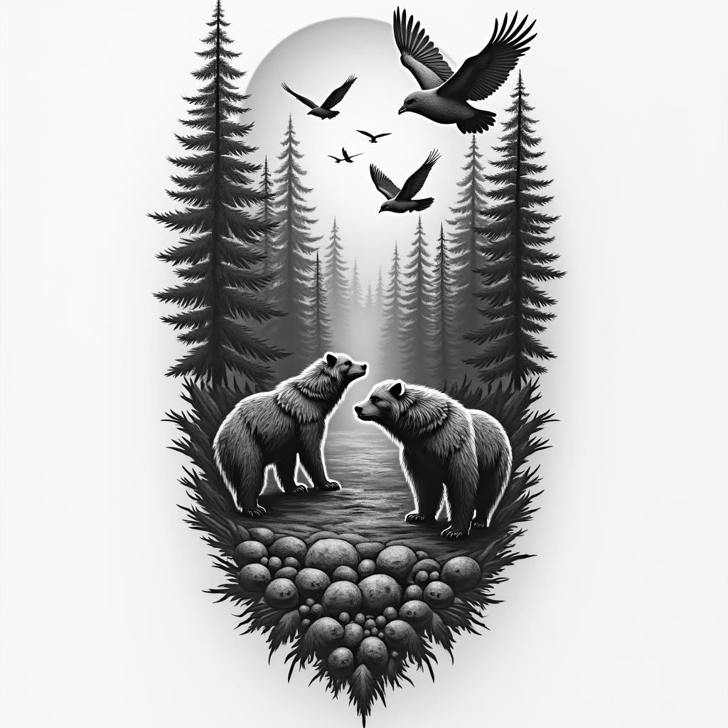 Full arm sleeve, forest theme, with birds, wolves, bears, and a sunrisein realism tattoo style, featuring a highly detailed, lifelike, capturing every detail, photorealistic, ultra realistic, intricate shading, smooth and sharp,   - Variation 4