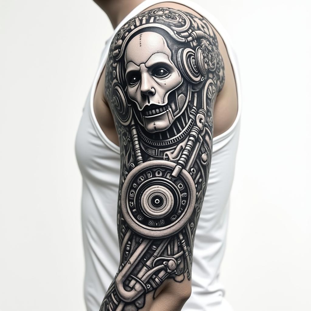 Automotive mechanics sleevetattoo in biomechanic style, the tattoo covered by robotic elements of futuristic cyberpunk design, robotic features detail, showcasing intricate mechanical components - Variation 3