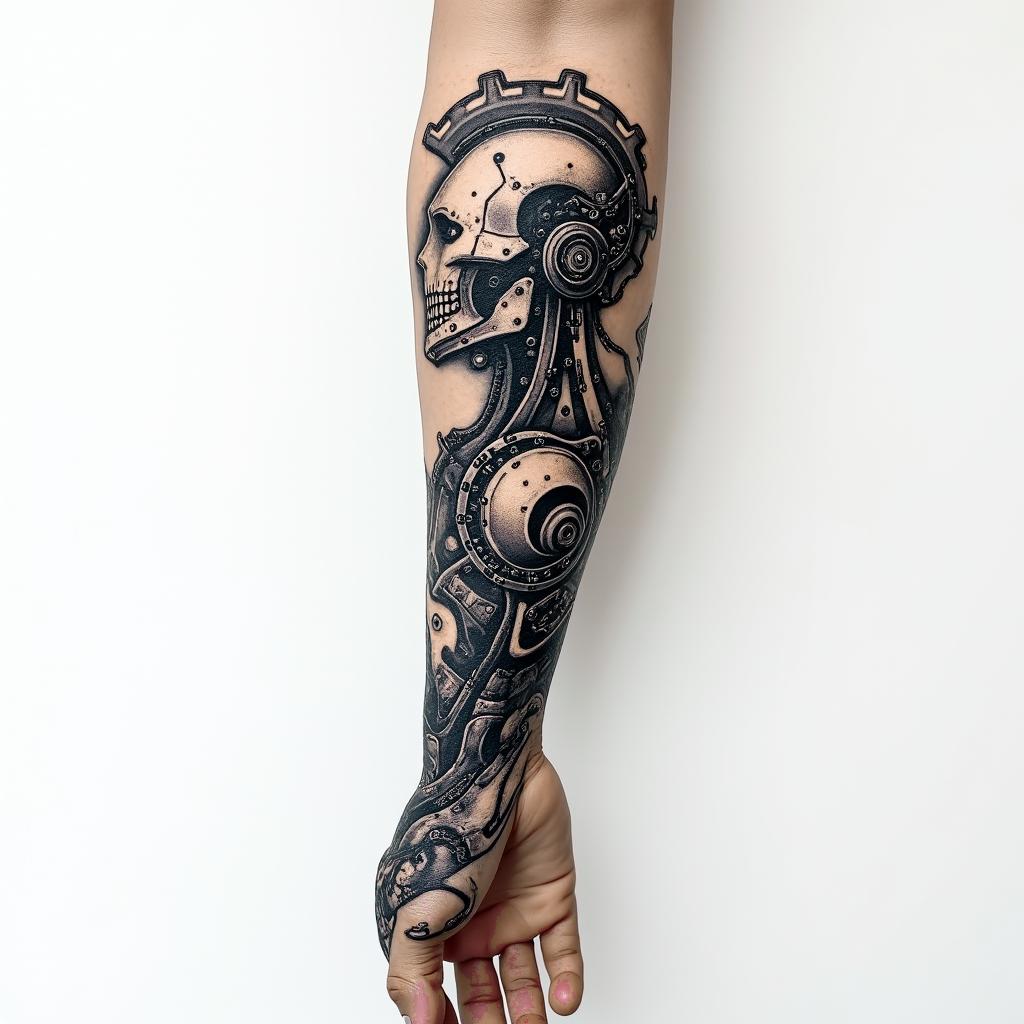 Automotive mechanics sleevetattoo in biomechanic style, the tattoo covered by robotic elements of futuristic cyberpunk design, robotic features detail, showcasing intricate mechanical components
