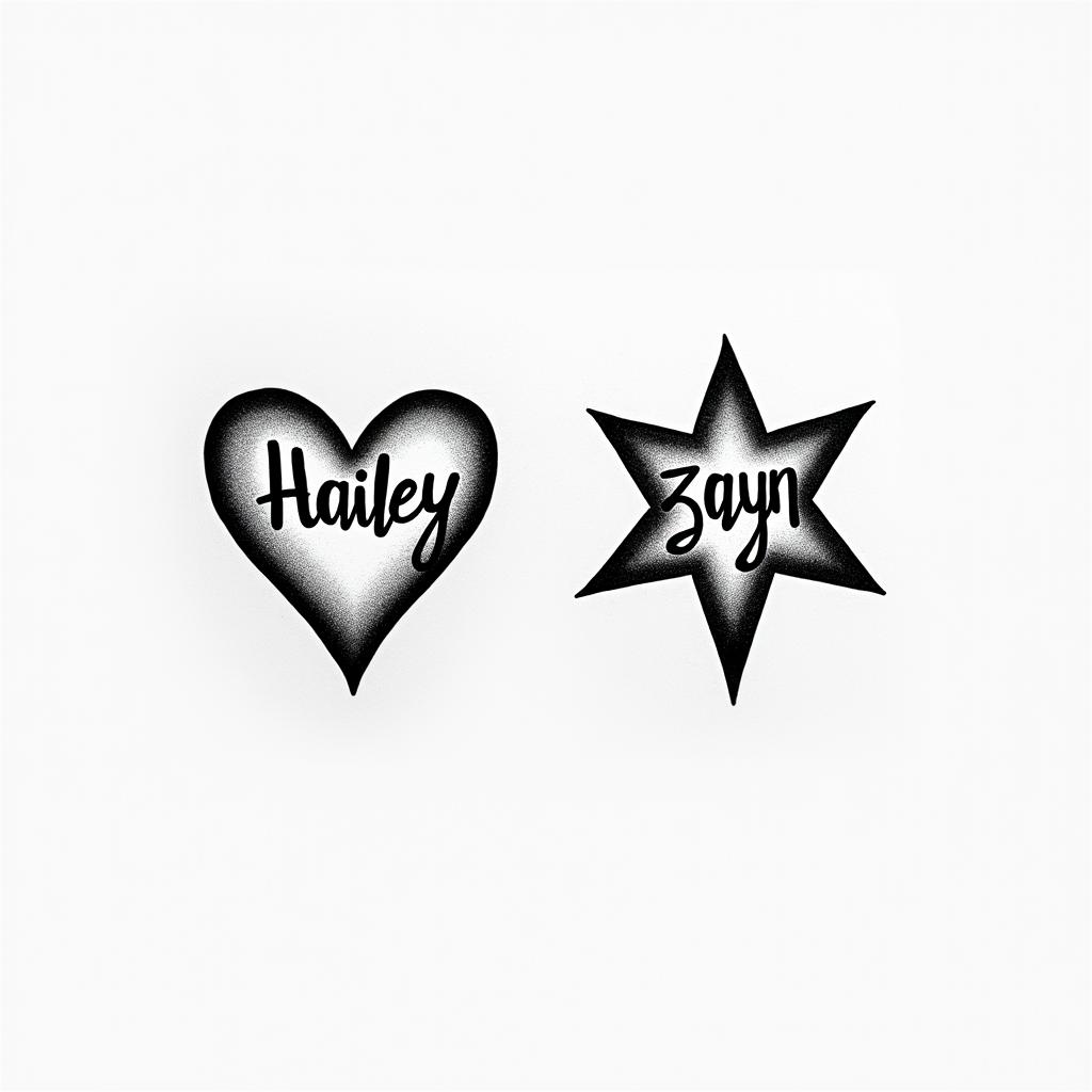 Small geometric design with the names "Hailey" in a heart and "Zayn" in a star, both in black, kept simple.higly detailed tattoo - Variation 2