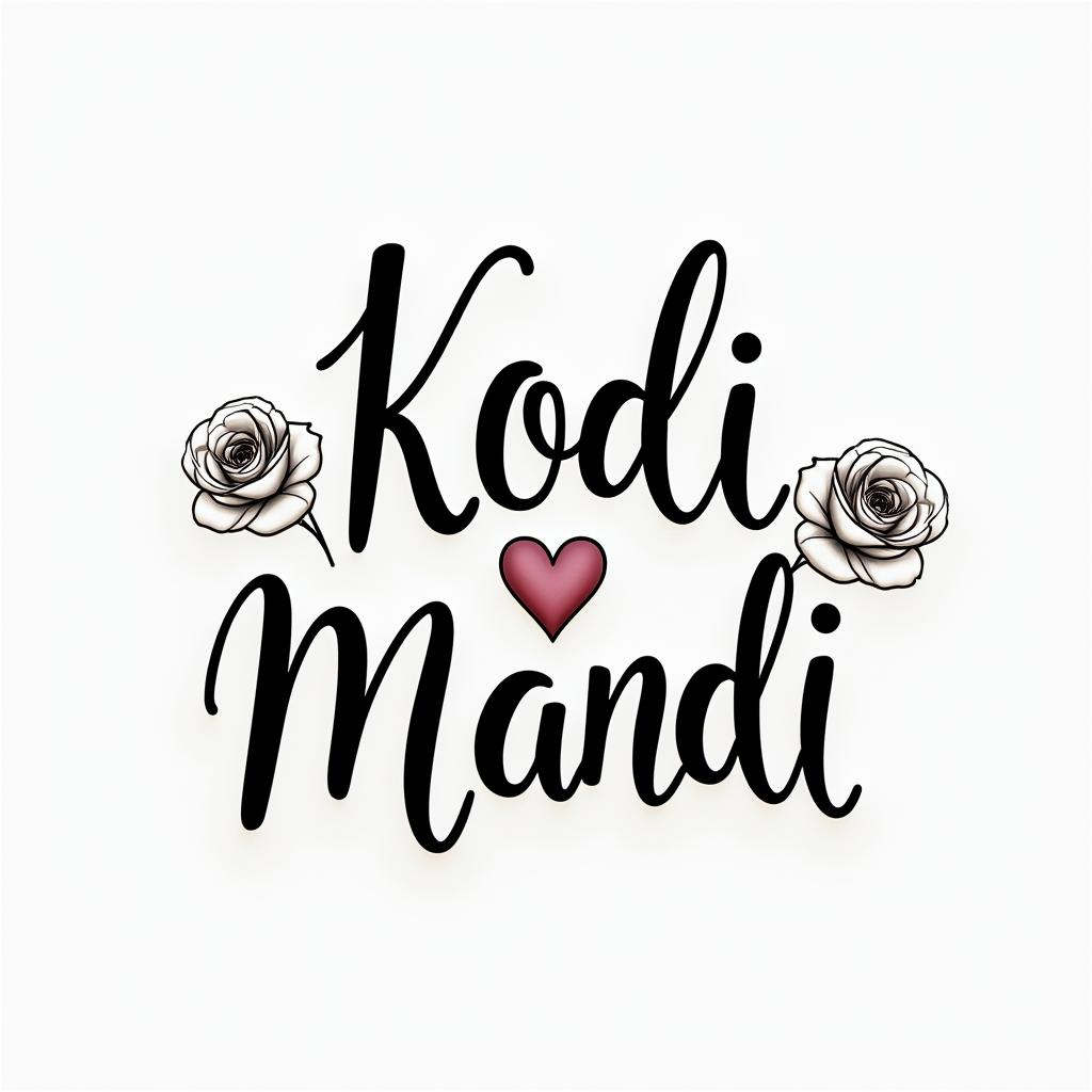 Kodi & Mandi 3.8.24in elegant cursive calligraphy style 2d tattoo, decorate with roses, featuring a smooth and flowing handwritten script with slightly thickened strokes for a luxurious and bold appearance, heart symbol between names, sleek and glossy black text with shadowing, minimalist matte white background, clean and sharp edges, illuminated with soft lighting, romantic, 8k, high-quality textures with refined typography