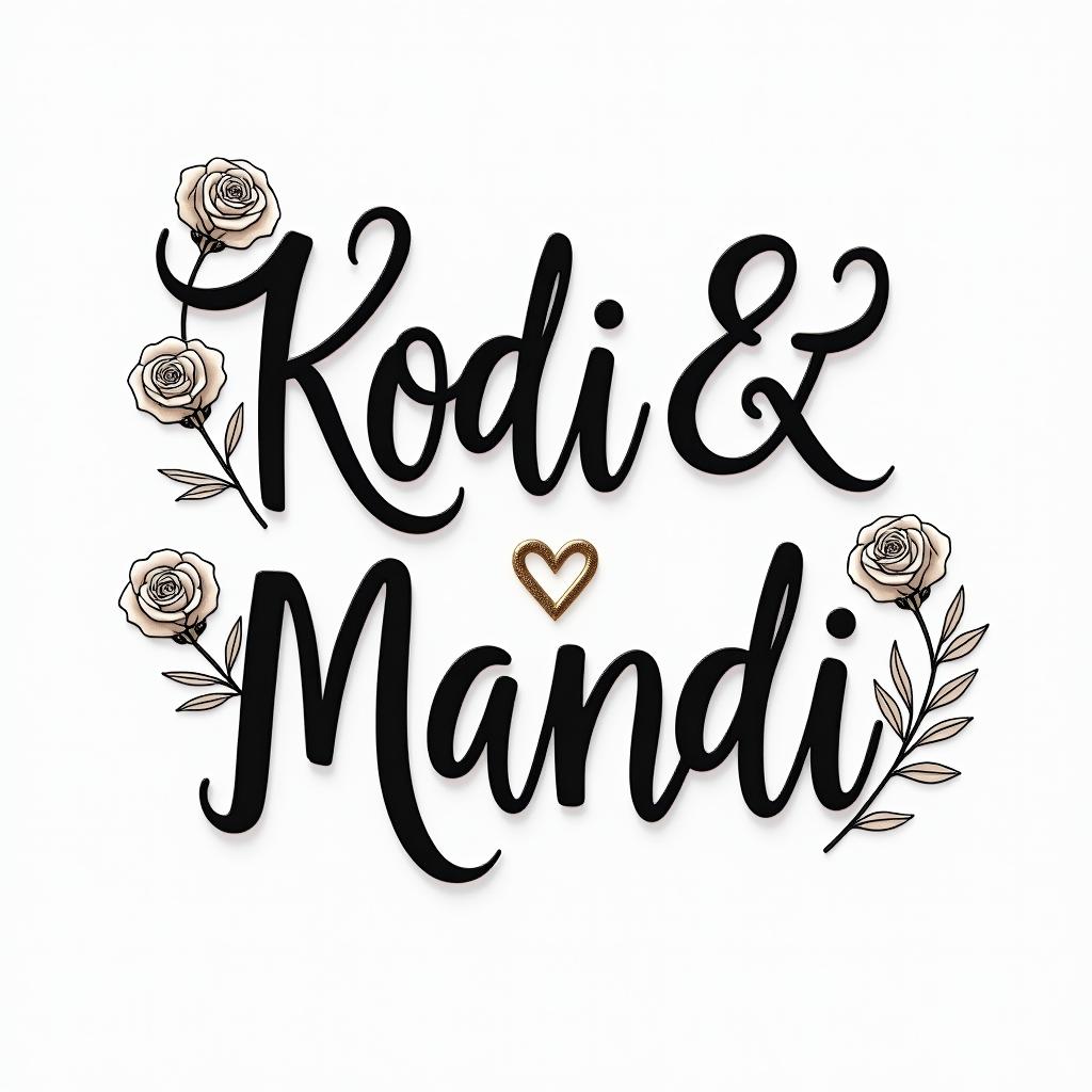 Kodi & Mandi 3.8.24in elegant cursive calligraphy style 2d tattoo, decorate with roses, featuring a smooth and flowing handwritten script with slightly thickened strokes for a luxurious and bold appearance, heart symbol between names, sleek and glossy black text with shadowing, minimalist matte white background, clean and sharp edges, illuminated with soft lighting, romantic, 8k, high-quality textures with refined typography - Variation 3