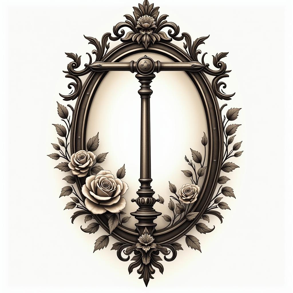 Give me a lever and I will move the world.in victorian style tattoo, featuring vintage and elegant elements, ornate frames, roses, antique, sepia-toned color scheme - Variation 3