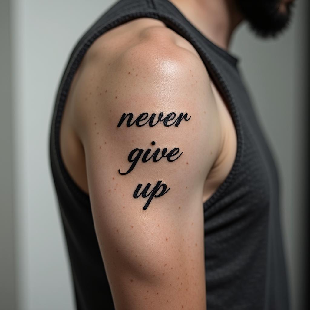 never give upminimalist text-based tattoo, Monospace font ultra-realistic, perfectly placed, high-quality font design, photo-realistic shading, 8k, high quality, finely detailed typograph - Variation 4