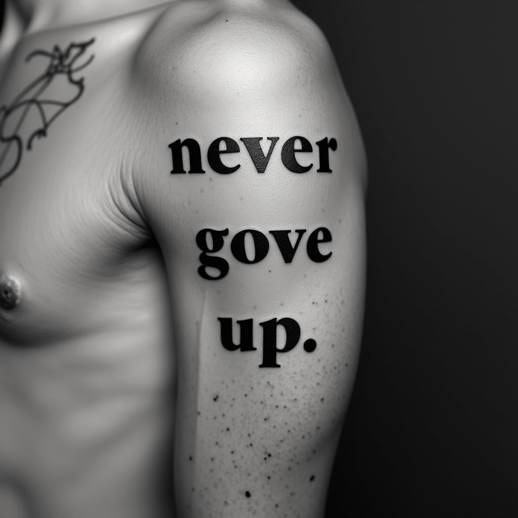 never give upminimalist text-based tattoo, Monospace font ultra-realistic, perfectly placed, high-quality font design, photo-realistic shading, 8k, high quality, finely detailed typograph