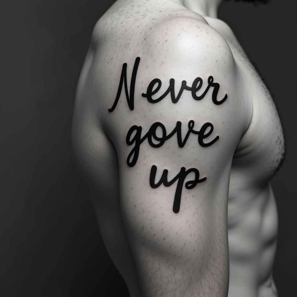 never give upminimalist text-based tattoo, Monospace font ultra-realistic, perfectly placed, high-quality font design, photo-realistic shading, 8k, high quality, finely detailed typograph - Variation 2