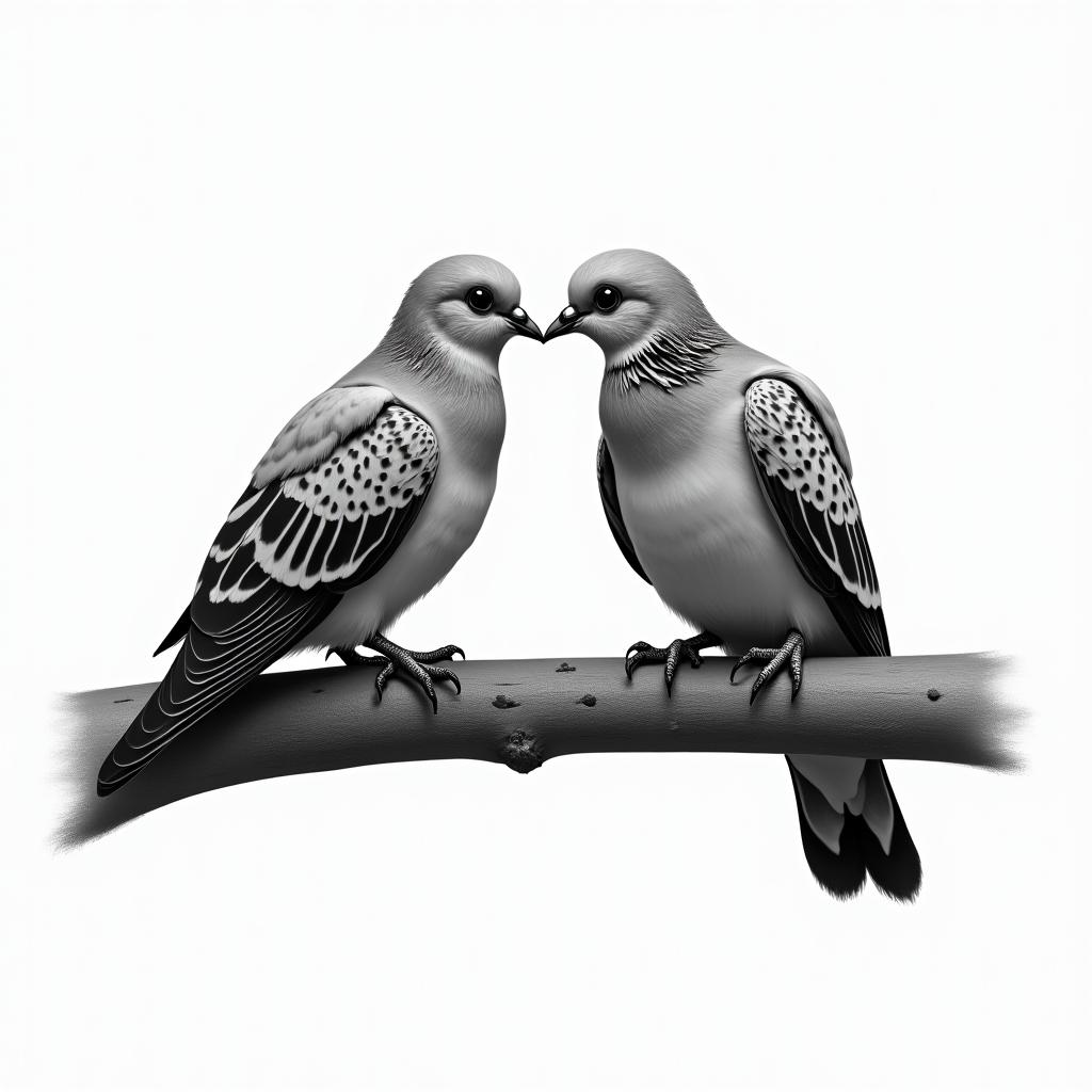 Two doves are perched on a tree branch. One is alive and the other is a skeleton. They are facing each other and their beaks are touching.text-based tattoo, gothic font ultra-realistic, perfectly placed, high-quality font design, photo-realistic shading, 8k, high quality, finely detailed typography - Variation 5