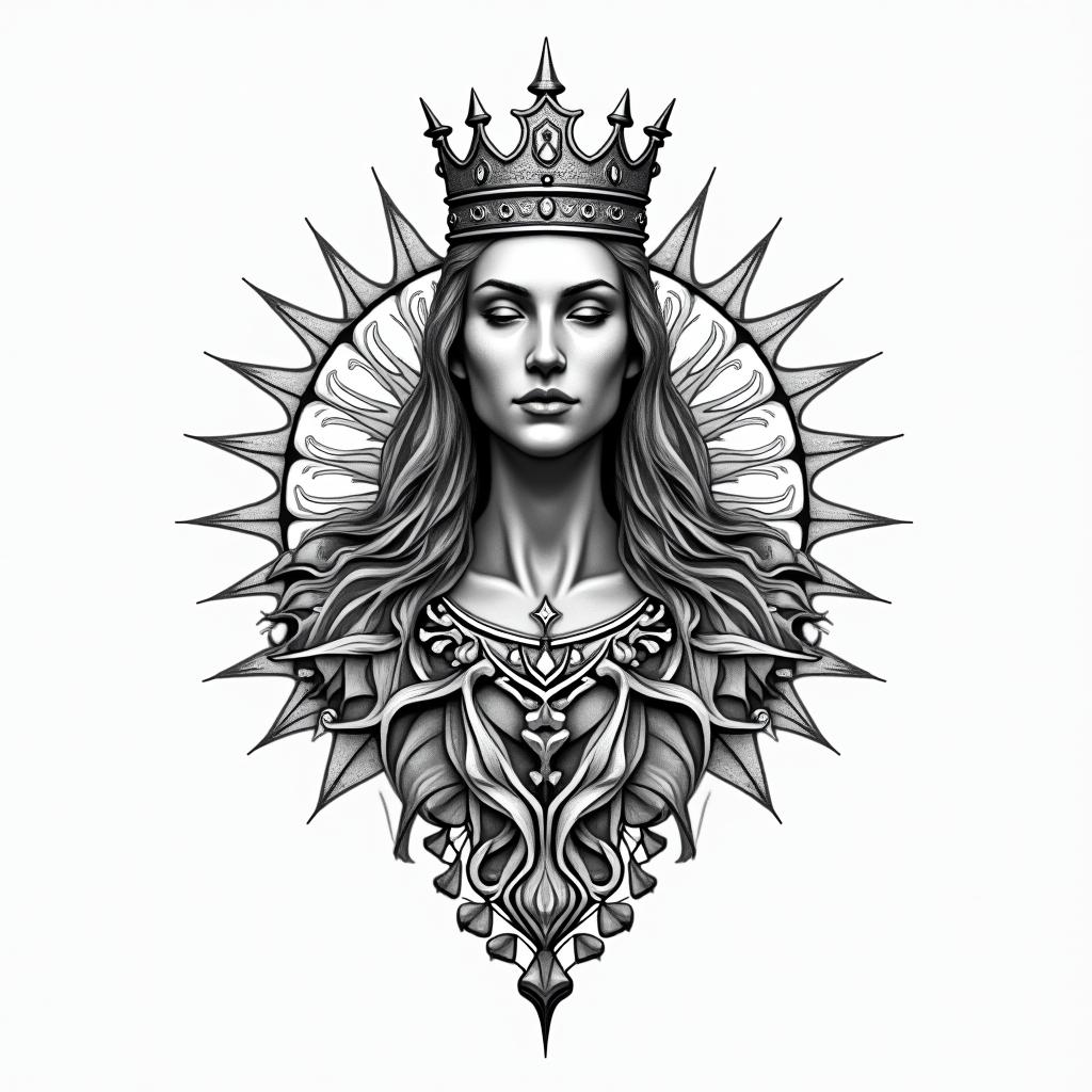 Time piece with what's a king without a crown and a simple crown in geometric style tattoo, blending hexagons, mandala-inspired patterns, symmetrical and fractal design, clean lines, sharp angles