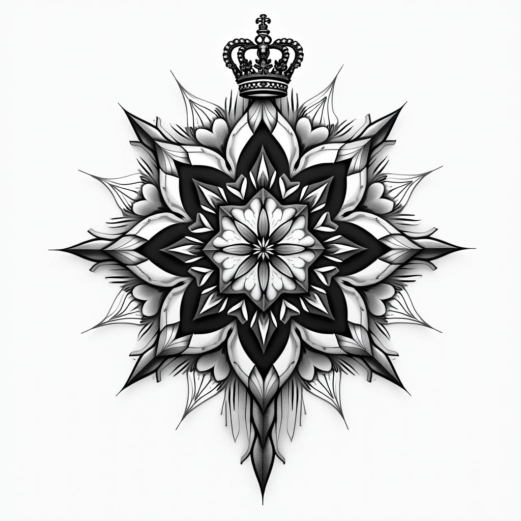 Time piece with what's a king without a crown and a simple crown in geometric style tattoo, blending hexagons, mandala-inspired patterns, symmetrical and fractal design, clean lines, sharp angles - Variation 4