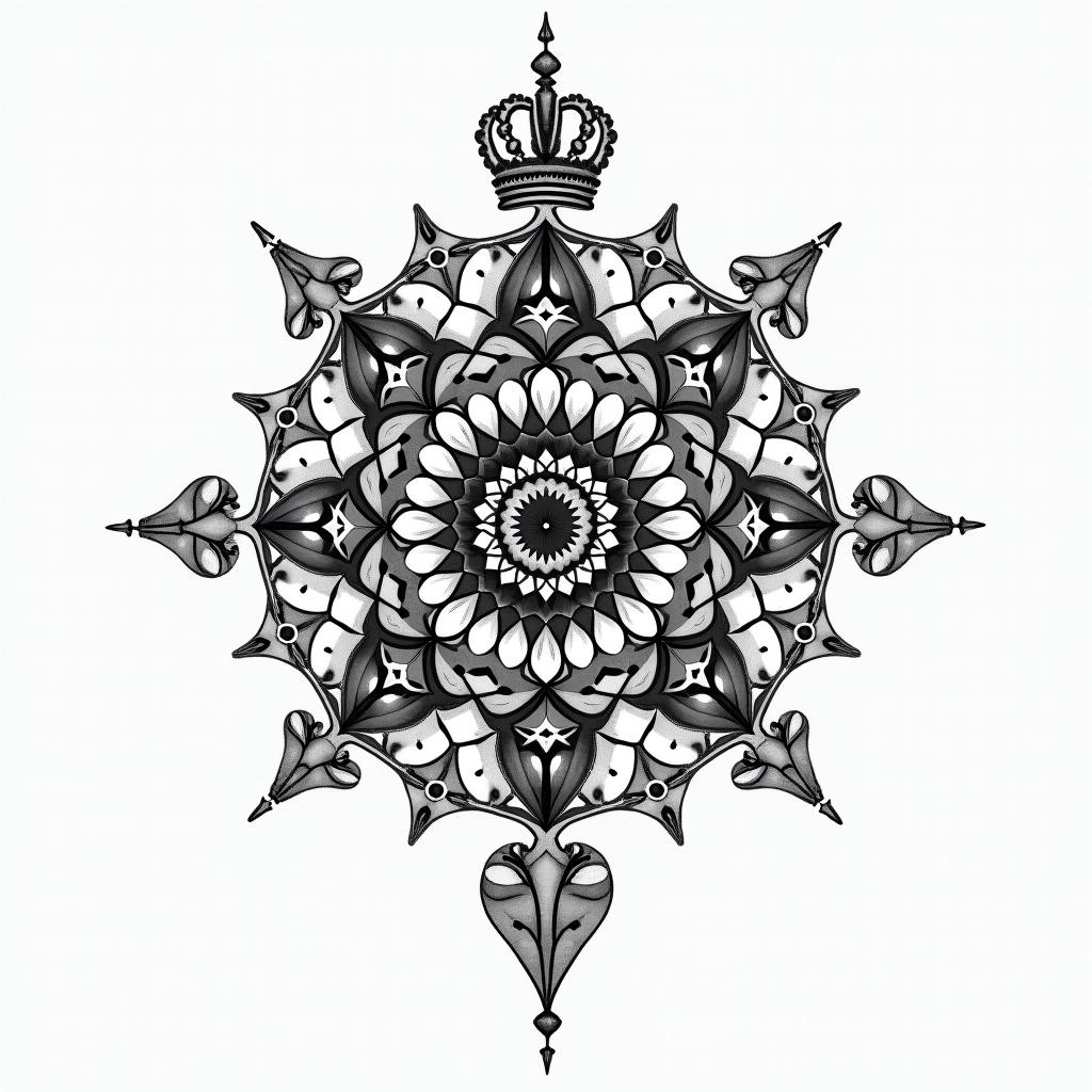 Time piece with what's a king without a crown and a simple crown in geometric style tattoo, blending hexagons, mandala-inspired patterns, symmetrical and fractal design, clean lines, sharp angles - Variation 3