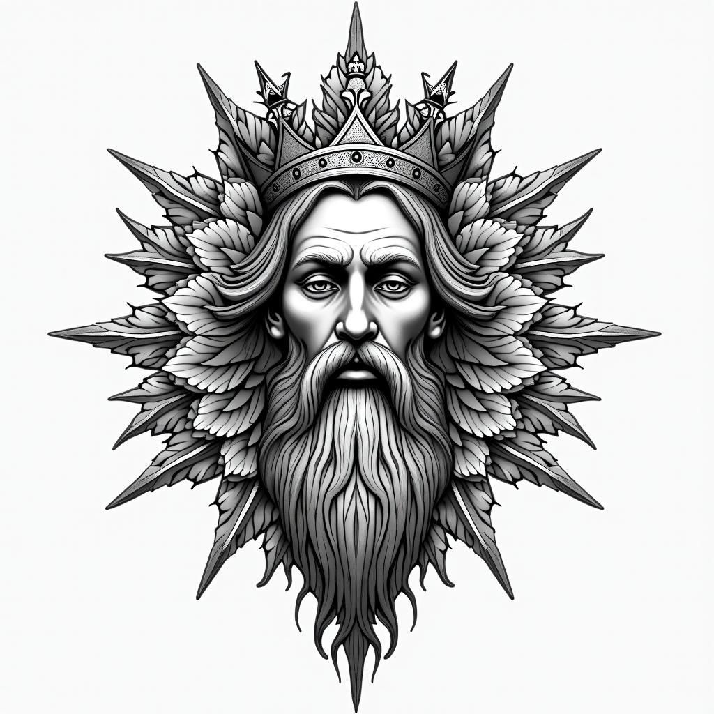 Time piece with what's a king without a crown and a simple crown in geometric style tattoo, blending hexagons, mandala-inspired patterns, symmetrical and fractal design, clean lines, sharp angles - Variation 2