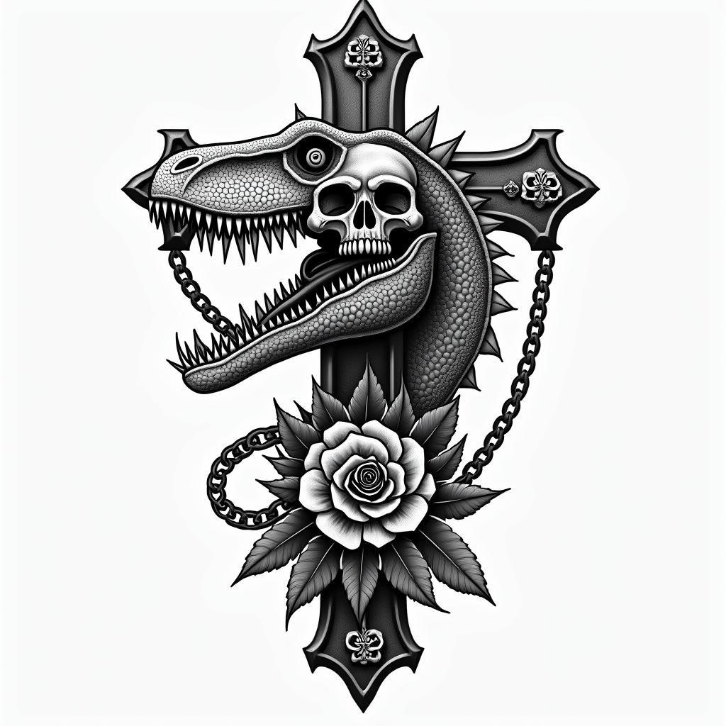 Velociraptorin chicano style tattoo, featuring intricate black and grey shading, bold elements of traditional chicano culture symbols, add a big cross with skull, chains and roses - Variation 3