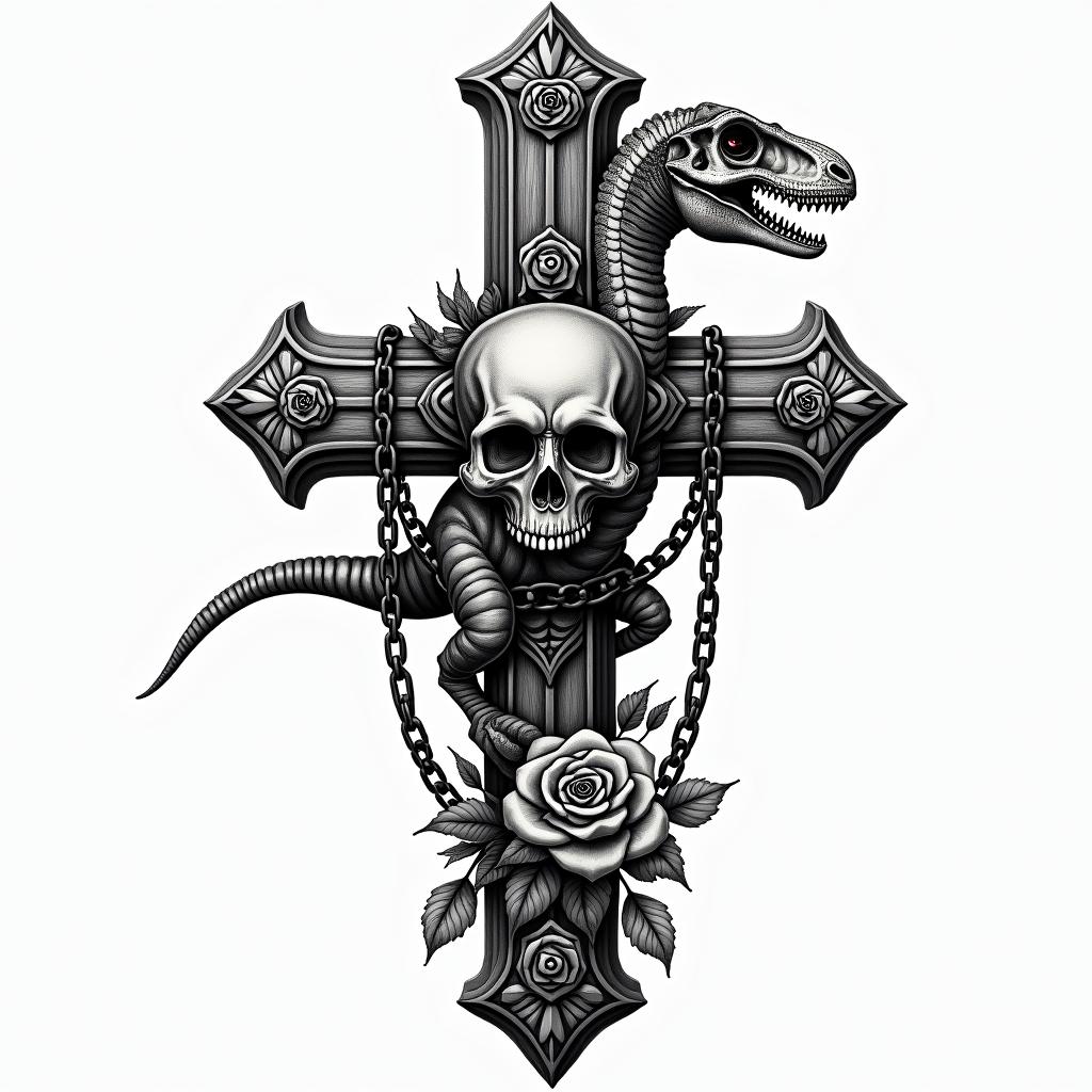 Velociraptorin chicano style tattoo, featuring intricate black and grey shading, bold elements of traditional chicano culture symbols, add a big cross with skull, chains and roses - Variation 4