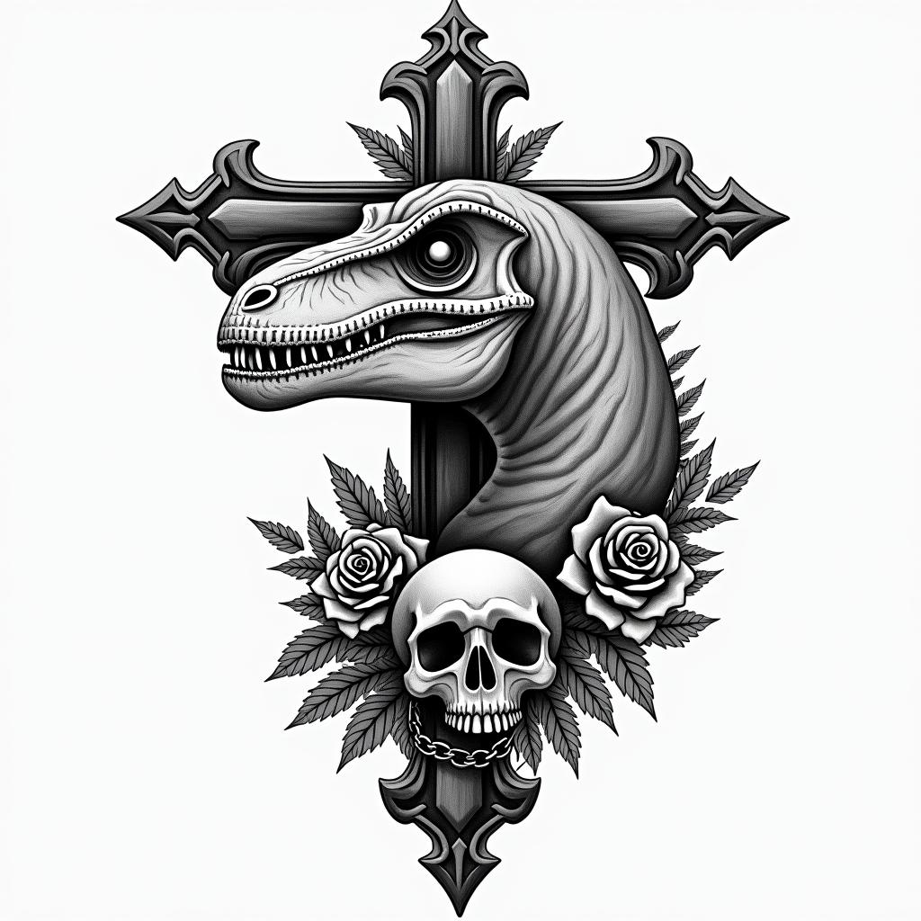 Velociraptorin chicano style tattoo, featuring intricate black and grey shading, bold elements of traditional chicano culture symbols, add a big cross with skull, chains and roses - Variation 2