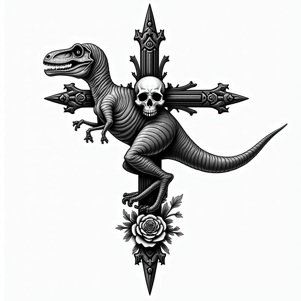 Velociraptorin chicano style tattoo, featuring intricate black and grey shading, bold elements of traditional chicano culture symbols, add a big cross with skull, chains and roses