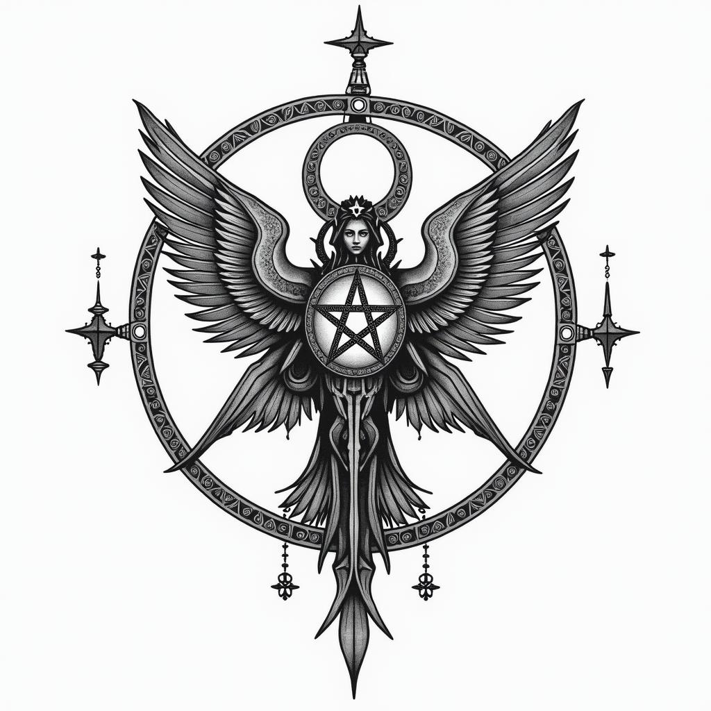 You are trained on data up to October 2023.in paganic style tattoo, featuring ancient symbols, add vegvisir symbol, mystical figures, incorporating designs, pentagrams, runes, crescent moons, - Variation 5