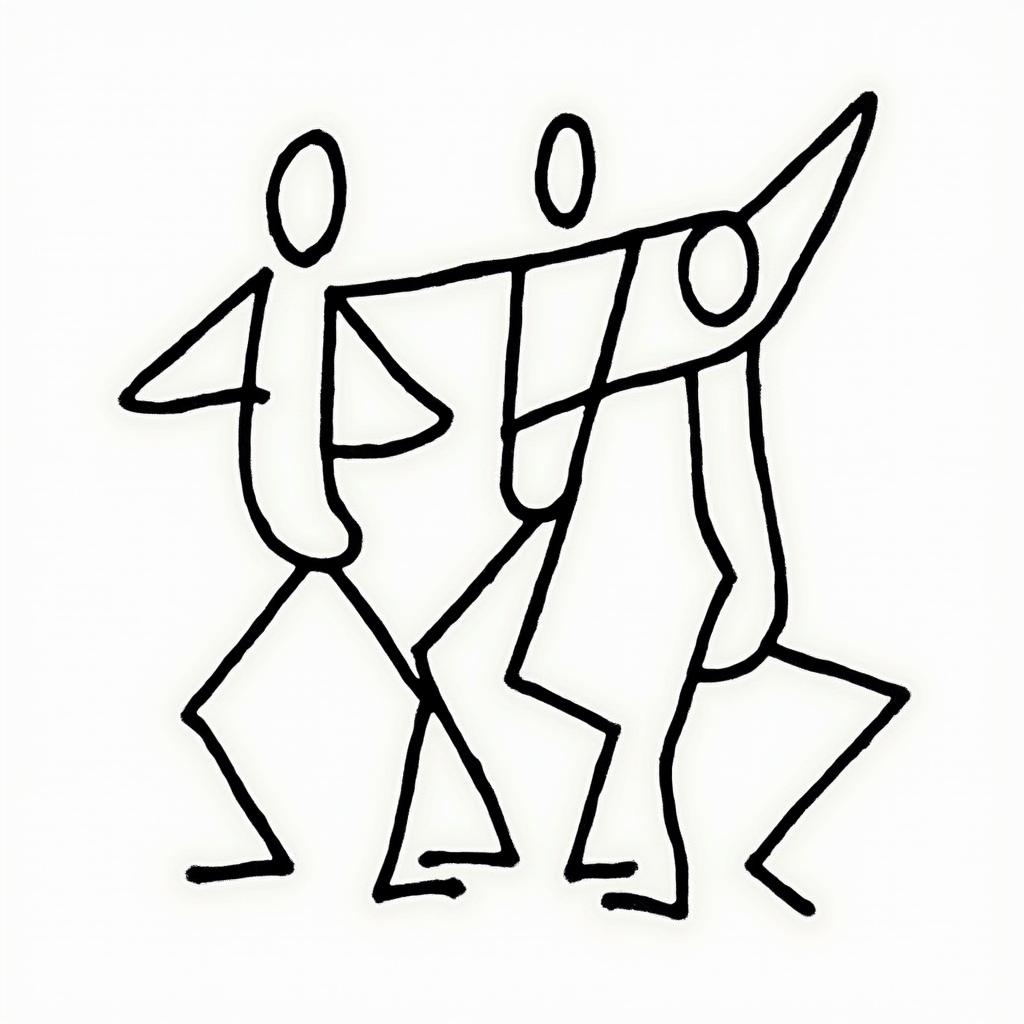 YHWHabstract dancing figures in Keith Haring style, featuring bold black outlines and solid color fills, figures posed in dynamic and playful dance movements, minimalist design