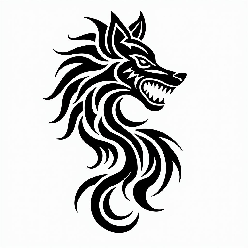 Wolfin tribal tattoo style, featuring bold and black geometric shapes, curved lines, intertwine and flow seamlessly, creating a powerful and symbolic design, polynesian and maori styles
