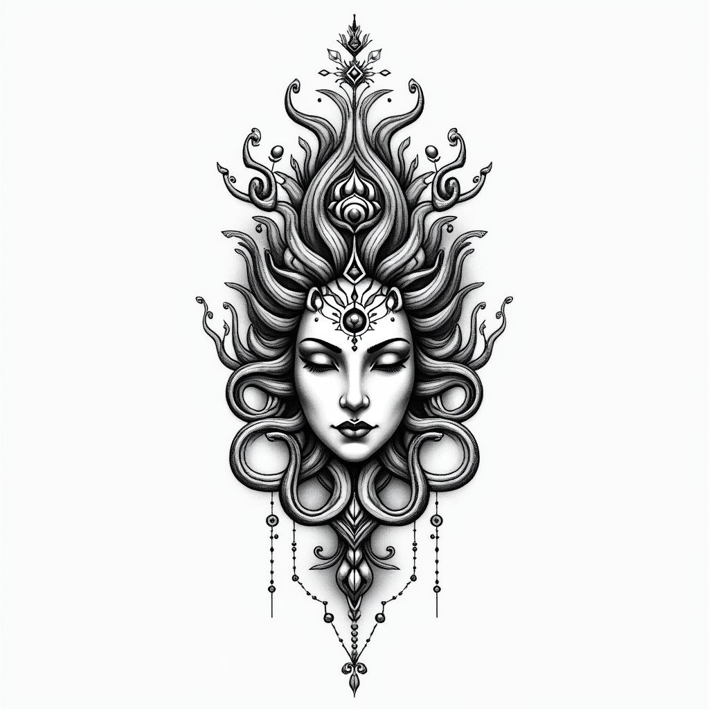 Medusain spiritual symbols tattoo style, featuring an intricate design incorporating elements, Hamsa hand, third eye, minimalist composition - Variation 8