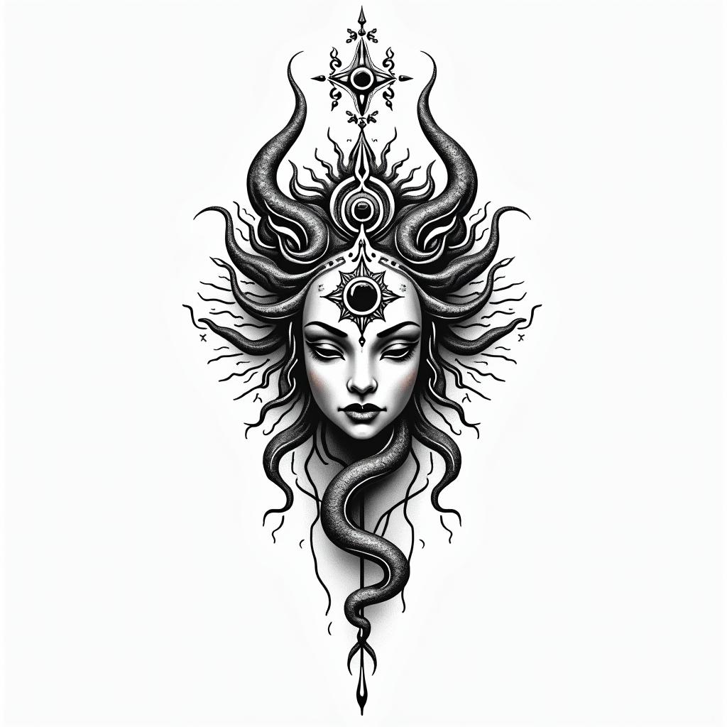 Medusain spiritual symbols tattoo style, featuring an intricate design incorporating elements, Hamsa hand, third eye, minimalist composition - Variation 5