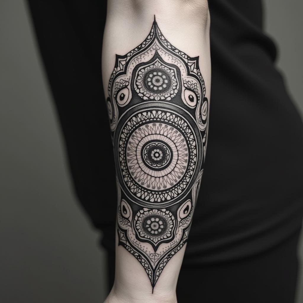 Full forearm tattoo with a mix of Virgo, Libra, and Pisces zodiac sign.in dotwork style tattoo, complex mandala patterns, interlocking geometric shapes with sharp symmetry, clean lines, sharp angles