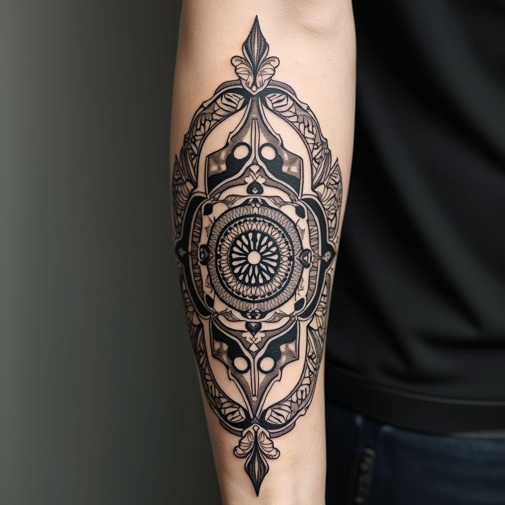 Full forearm tattoo with a mix of Virgo, Libra, and Pisces zodiac sign.in dotwork style tattoo, complex mandala patterns, interlocking geometric shapes with sharp symmetry, clean lines, sharp angles - Variation 4