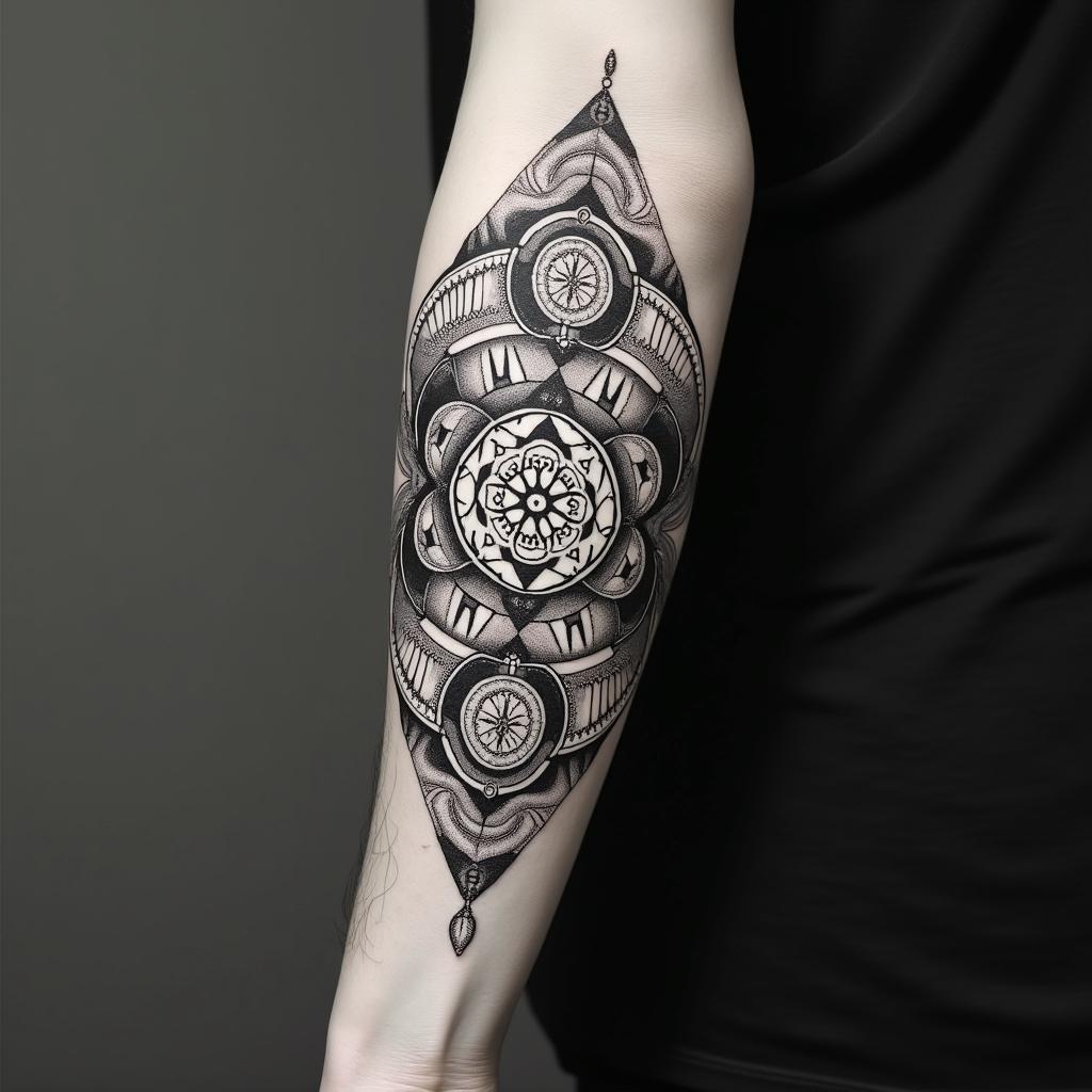 Full forearm tattoo with a mix of Virgo, Libra, and Pisces zodiac sign.in dotwork style tattoo, complex mandala patterns, interlocking geometric shapes with sharp symmetry, clean lines, sharp angles - Variation 3