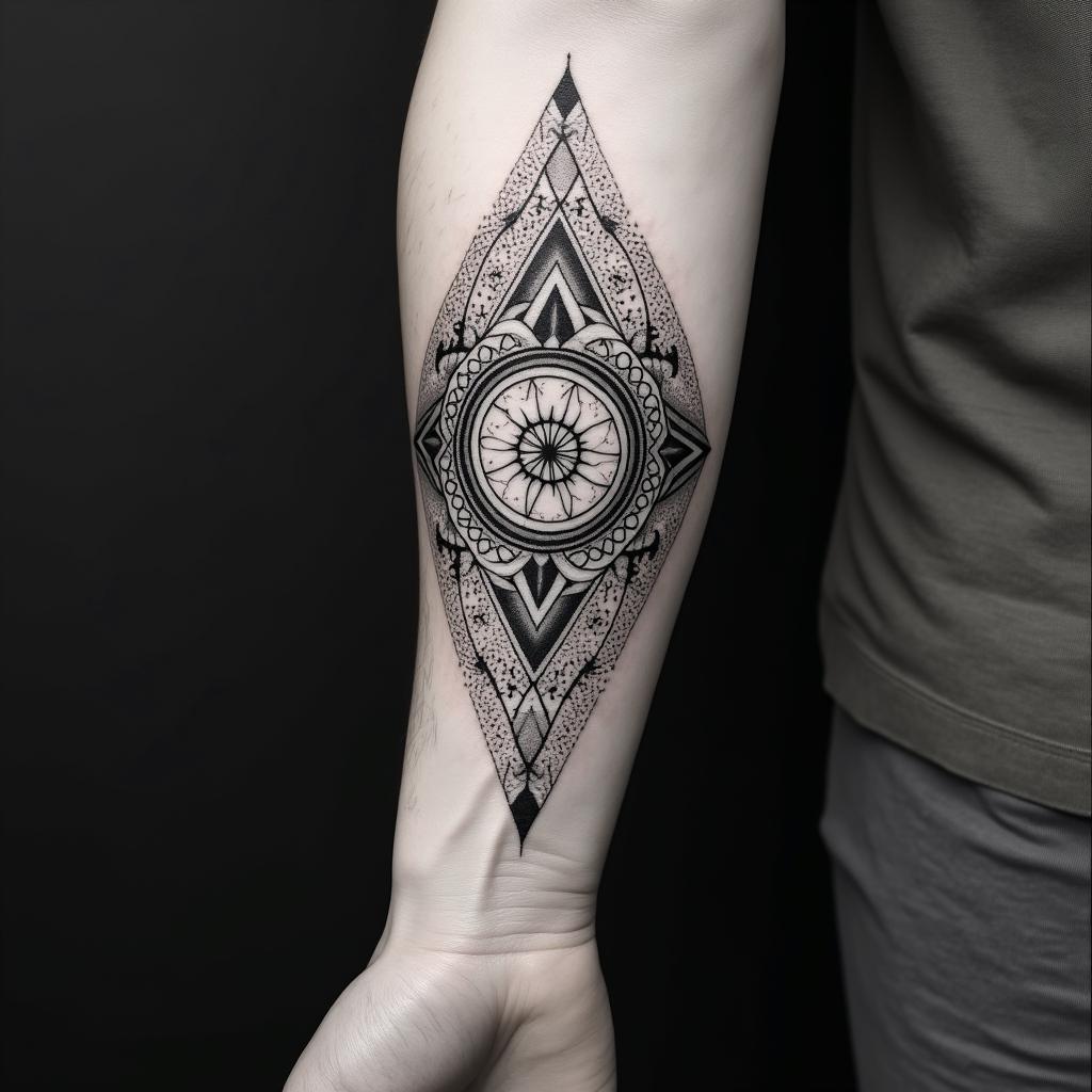 Full forearm tattoo with a mix of Virgo, Libra, and Pisces zodiac sign.in dotwork style tattoo, complex mandala patterns, interlocking geometric shapes with sharp symmetry, clean lines, sharp angles - Variation 2