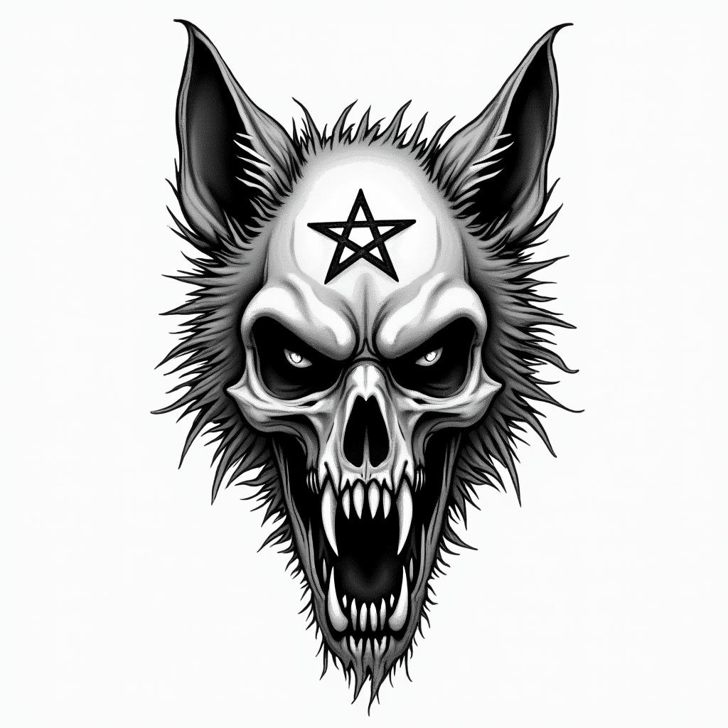Wolfcreepy horror tattoo style, featuring an eerie and unsettling skull of a demonic creature, distorted face with sharp fangs, add pentagram symbol - Variation 6
