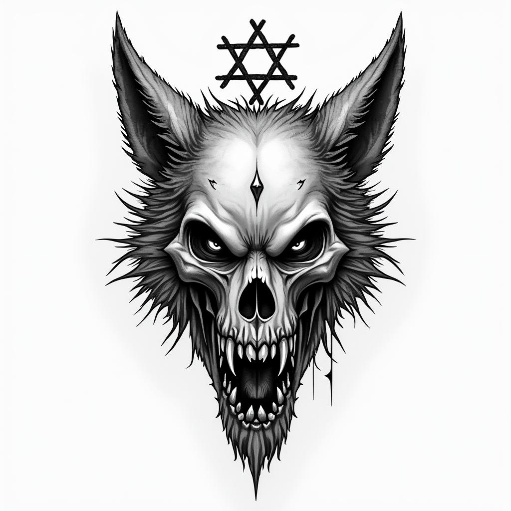Wolfcreepy horror tattoo style, featuring an eerie and unsettling skull of a demonic creature, distorted face with sharp fangs, add pentagram symbol - Variation 5