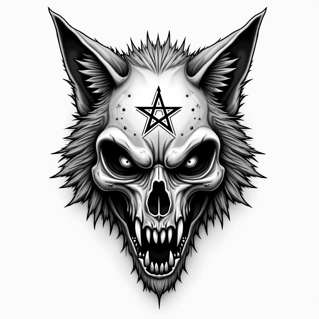 Wolfcreepy horror tattoo style, featuring an eerie and unsettling skull of a demonic creature, distorted face with sharp fangs, add pentagram symbol - Variation 8
